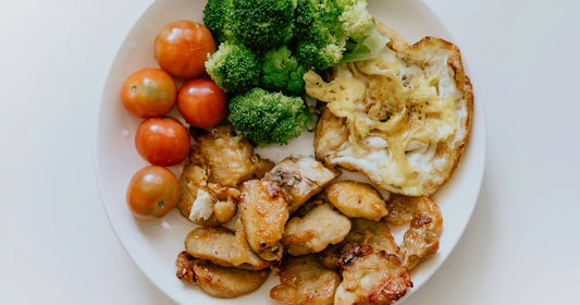 Plate of eggs, chicken, broccoli and tomatoes