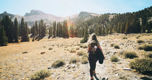 Woman hiking a mountain trail, seen from behind